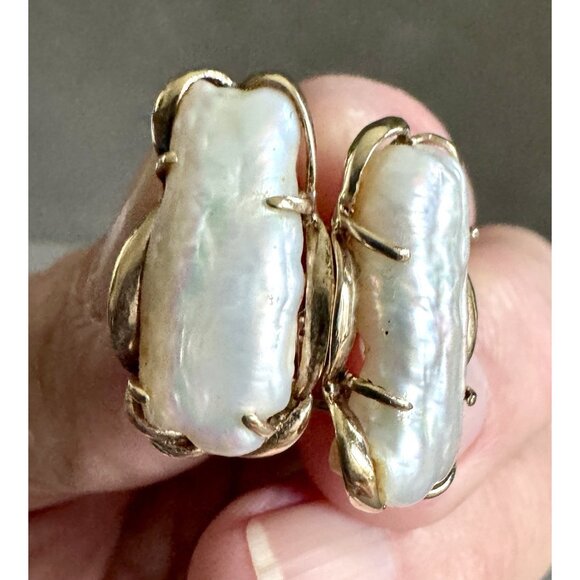 Vintage BAROQUE PEARL SET - Earrings Pendant Bracelet in 14K GOLD Luminous Keshi - Picture 4 of 11